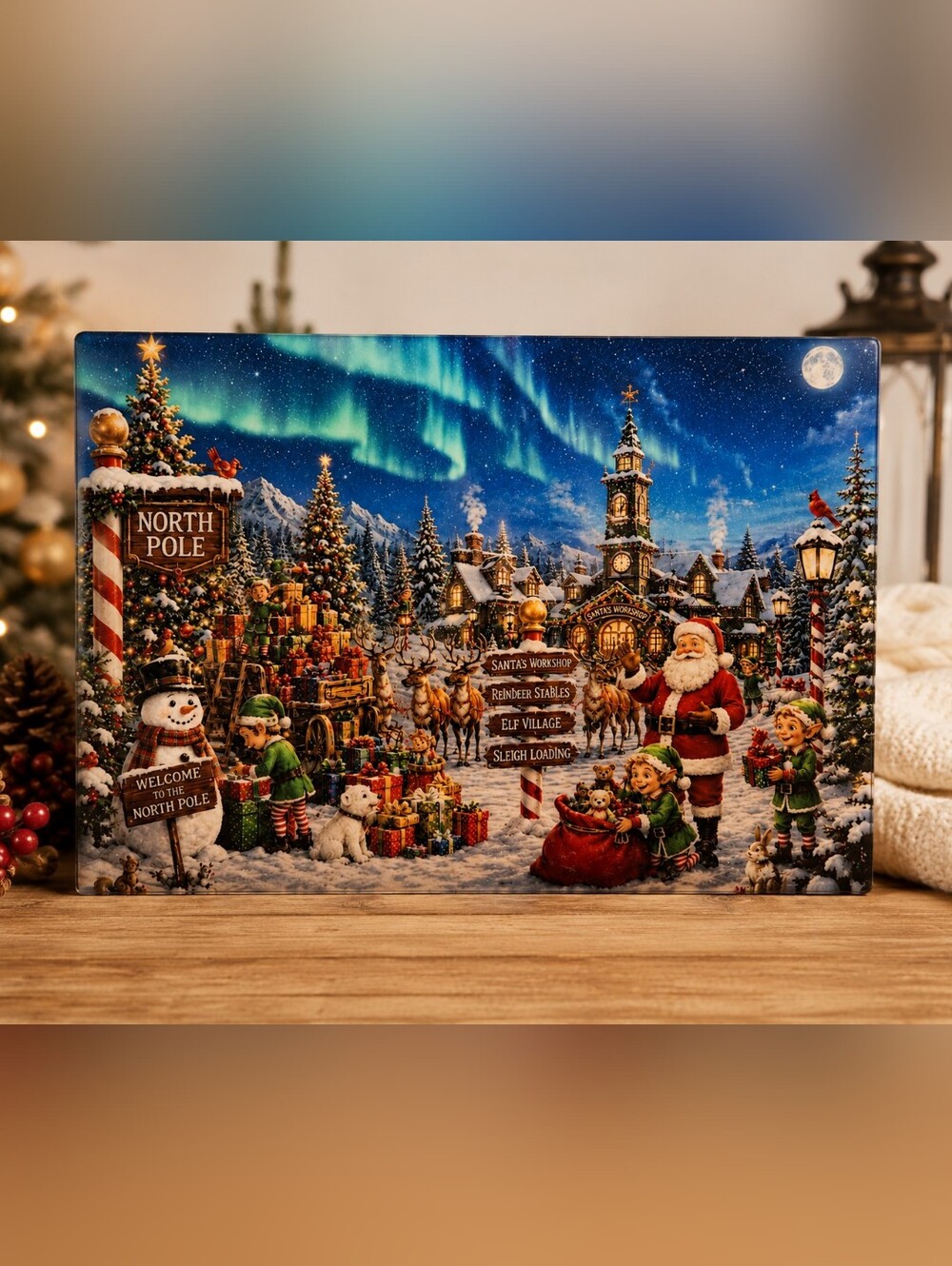 Festive Santa's Workshop Holiday Cutting Board - Colorful Christmas Scene